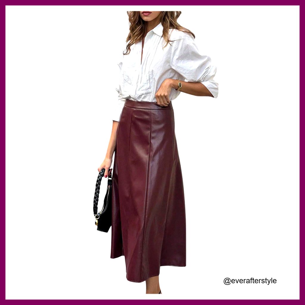 Faux Leather Maxi Skirt High Waisted Flared A-Line Elegant Work Casual